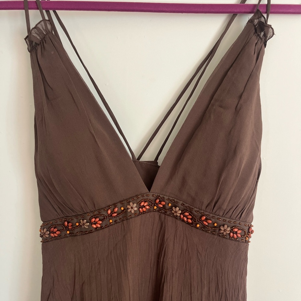 Brown Beaded V-Neck Maxi Dress